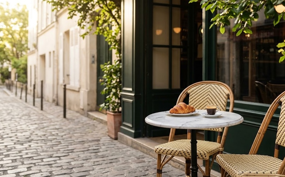 Aesthetic Parisian cafe with rattan chairs