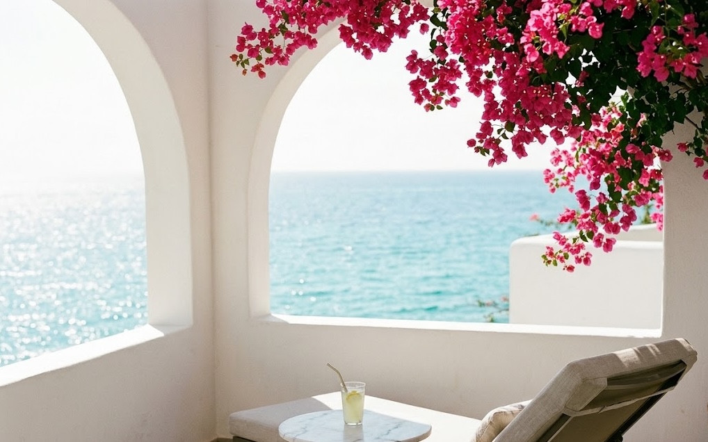 Aesthetic hotel balcony overlooking the sea