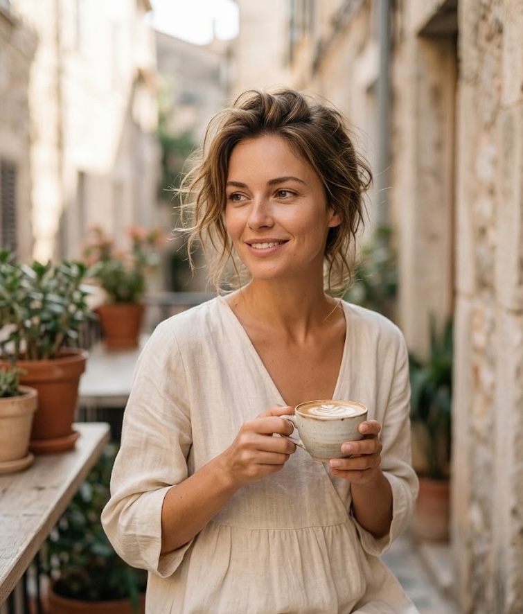 Woman in a linen dress holding a coffee