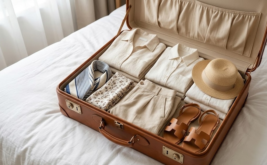 Neutral toned clothing folded neatly in a suitcase